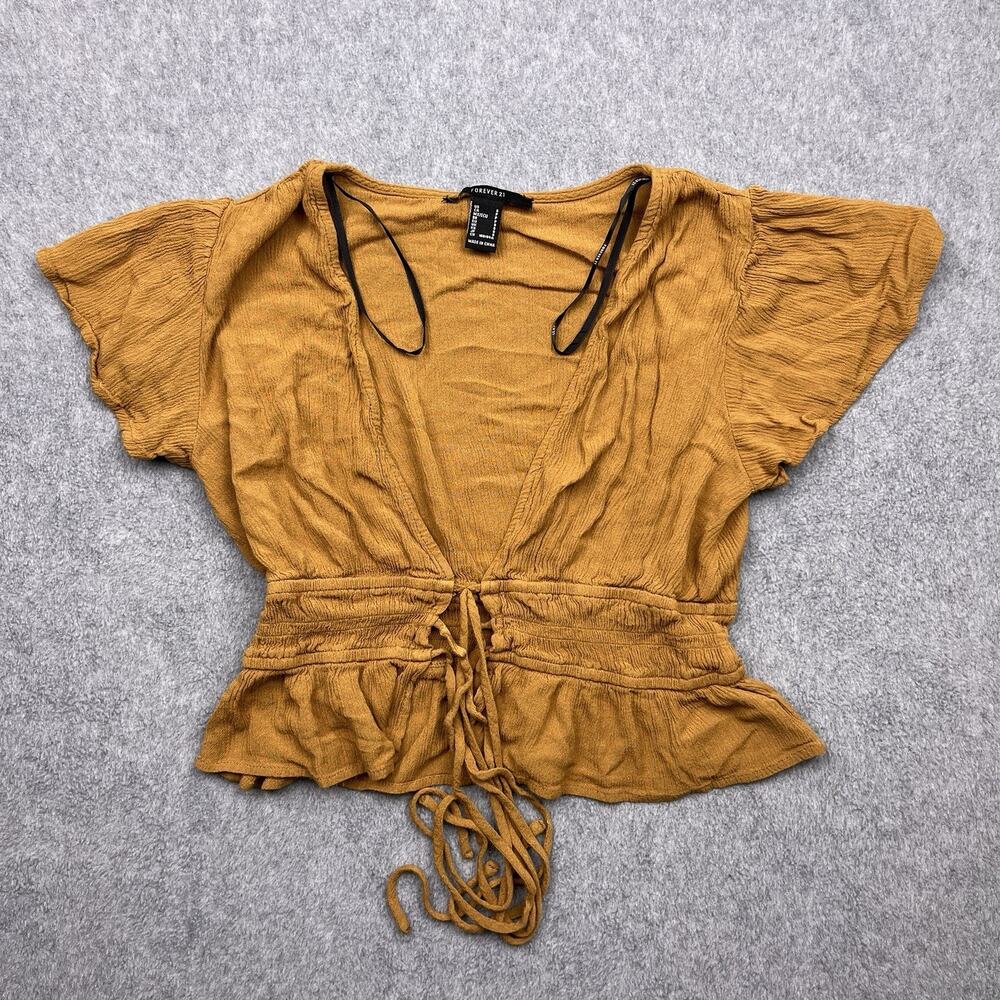 forever 21 brown wrap top ruffle hem short sleeve‎ small